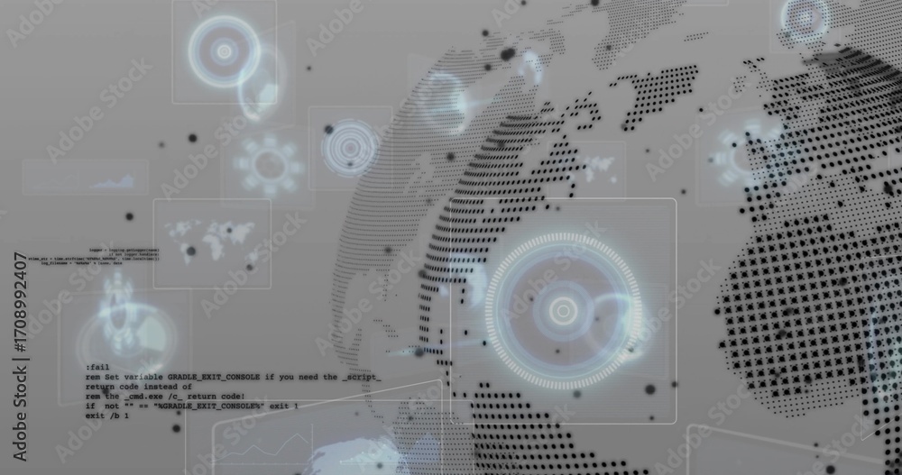 Poster displaying dotted globe spinning amid hud panels in digital interface with data points, copy space