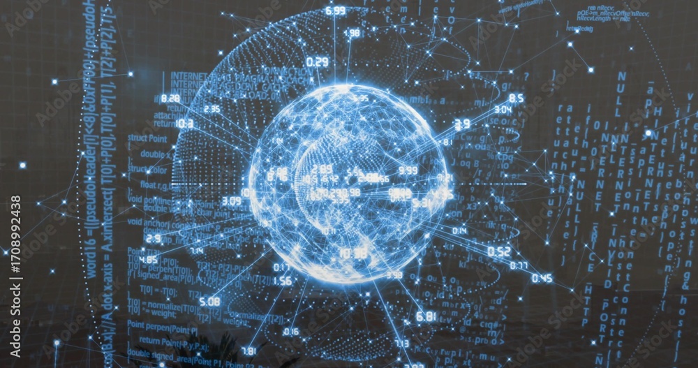 Aufkleber displaying blue sphere with nodes, lines in data visualization, with numeric labels, code, grid
