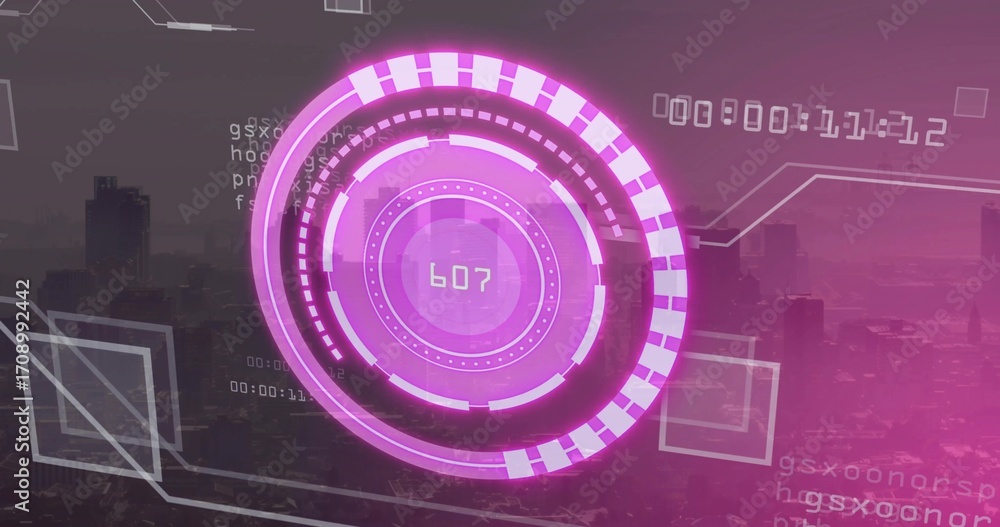 Poster displaying magenta hud overlaying skyline at dusk, with ring segments code fragments and frames