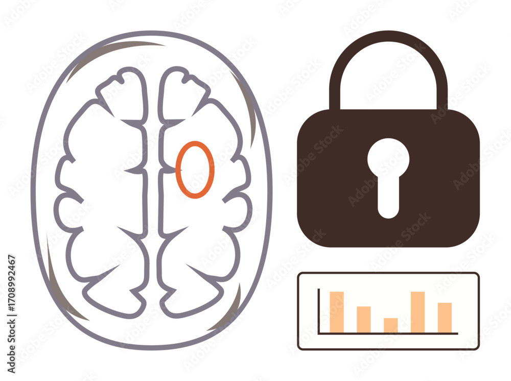 Poster simplified brain scan with highlighted area alongside a closed lock and data chart. ideal for neuros
