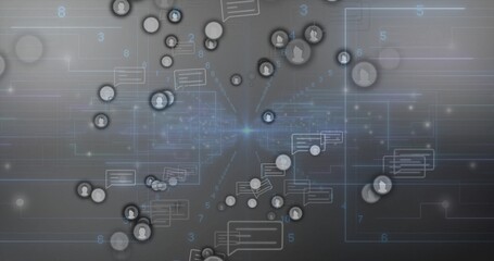 Central glow emitting blue lines connecting user icons in grid interface, chat bubbles and numbers