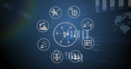 Displaying central network gear icon glowing on blue gradient, showing eight user and tool icons