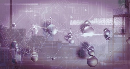 Displaying lines connecting spheres forming network over urban skyline, with circuits and streams