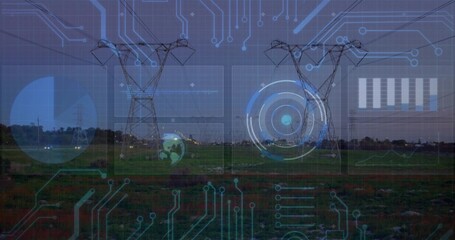 Dominating steel lattice towers carrying power lines across grassy field at dusk, with HUD overlays