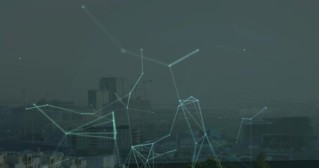 Overlaying digital network glowing nodes connecting across high-rise building rooftops, with cranes