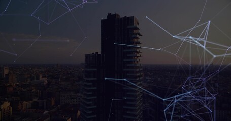 Highlighting modern high-rise stacking terraces at dusk over rooftops, with glowing network overlay