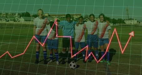 Linking arms players in soccer uniforms on pitch, showing ball, goalkeeper gloves and overlays