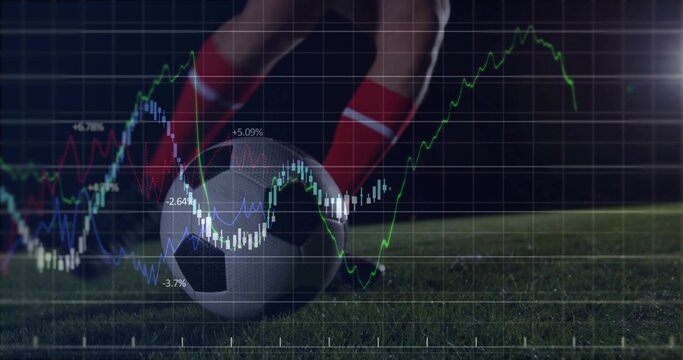 Athlete's legs controlling soccer ball in pitch at night, with socks, cleats and graph overlay