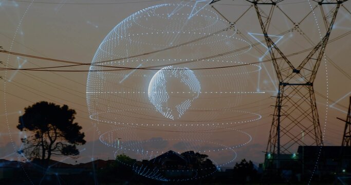 Projecting holographic globe rotating over suburban power corridor, with tower and network rings - Powered by Adobe
