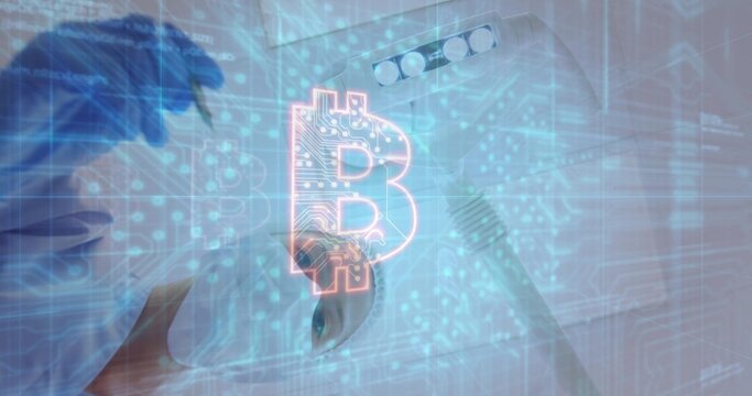 Technician wearing blue gloves manipulating holographic Bitcoin at bench with tool and LED array - Powered by Adobe