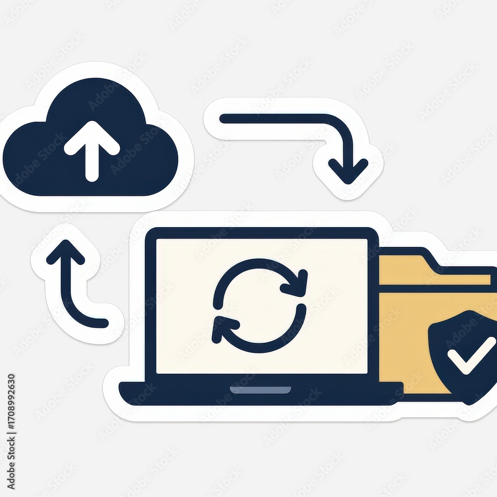 Aufkleber digital ecosystem illustrating cloud computing with synchronized data transfer between devices showc