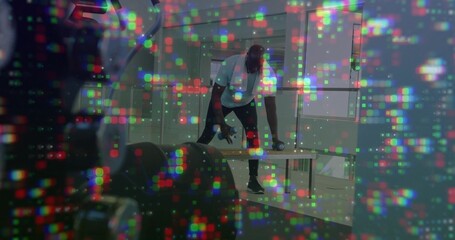 Lifting man in athletic clothing bending over bench at fitness studio, with dumbbells, pixel lights