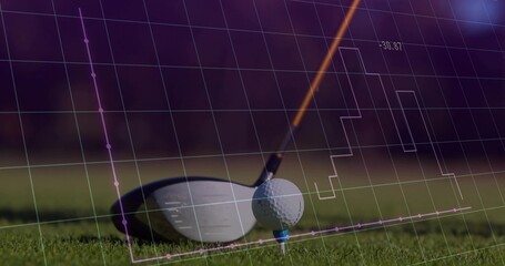 Positioning white golf ball on blue tee under poised driver head on fairway, showing data overlay