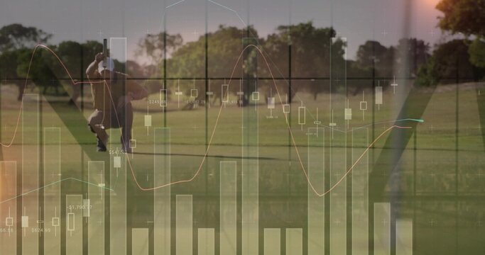 Golfer in polo shirt swinging club on sunlit fairway, with financial data overlay, copy space