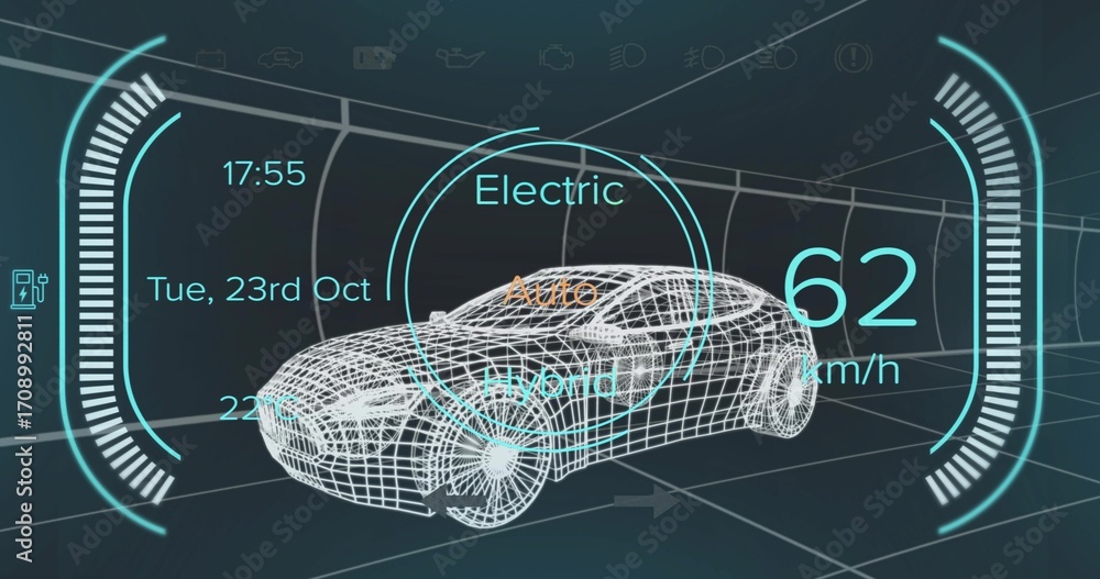 Poster wireframe sedan model displaying hud rings and speedometer in gridline tunnel, with date display