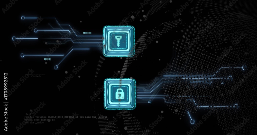 Leinwandbilder displaying turquoise key and padlock icons linking circuits in security screen, binary map patterns
