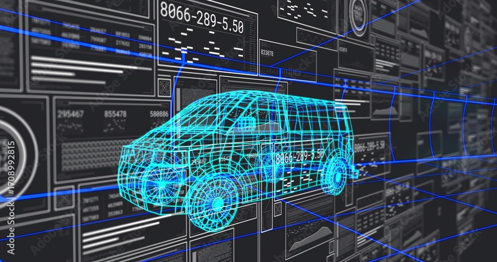 Poster floating neon blue wireframe van model emphasizing dimensions in virtual hub, with projection lines