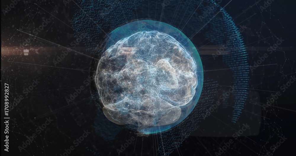 Poster floating holographic brain emitting data nodes on network lines in grid, radiating light streaks