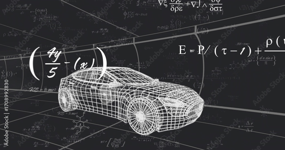 Poster rendering wireframe car floating inside grid-lined tunnel, displaying formulas, molecular diagrams