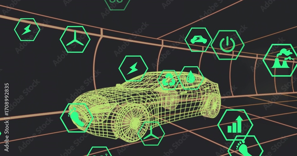 Poster Showcasing wireframe car model gliding through 3D tunnel, with floating green hexagonal icons