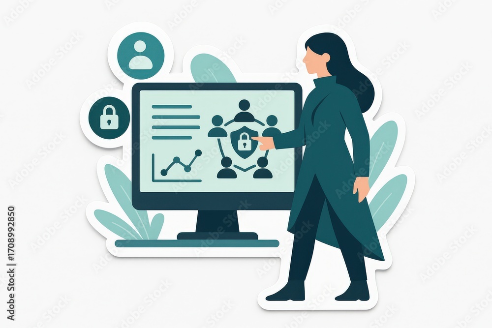 Poster professional woman engaging with advanced cyber security data visualizations on digital screen empha