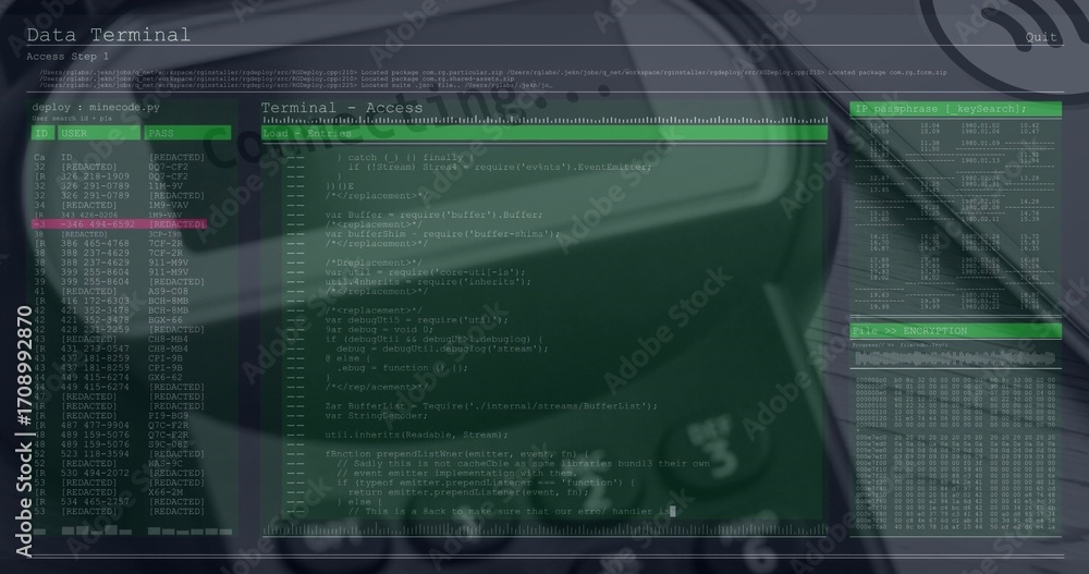 Aufkleber displaying green-tinted terminal interface over dim desk, showing code view, tables and headphones