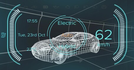 Wireframe sedan model displaying HUD rings and speedometer in gridline tunnel, with date display