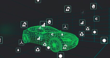 Displaying green wireframe passenger car model in dark grid space, with floating eco metrics icons