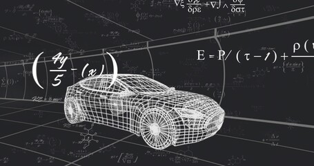 Rendering wireframe car floating inside grid-lined tunnel, displaying formulas, molecular diagrams