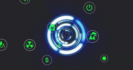 Displaying glowing concentric HUD at digital panel, with plug radiation turbines plant dollar star