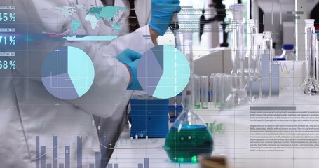 Holding blue test tube, scientist in gloves analyzing data at lab bench with digital overlays