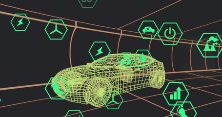 Showcasing wireframe car model gliding through 3D tunnel, with floating green hexagonal icons