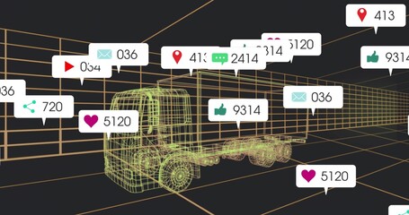 Rotating neon green wireframe semi-truck within dark 3D grid, with floating social media icons