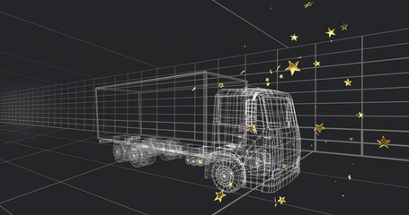 Obraz premium Displaying wireframe cargo truck occupying center of virtual grid space, with floating golden stars