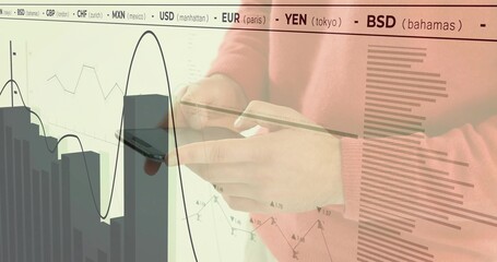 Using smartphone and credit card, man in salmon sweater in office, charts and ticker, copy space