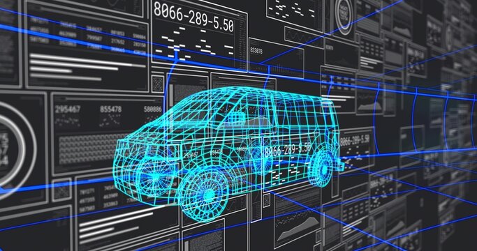 Floating neon blue wireframe van model emphasizing dimensions in virtual hub, with projection lines