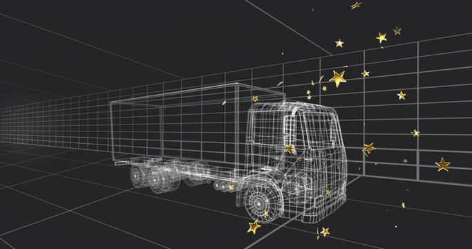 Naklejki Displaying wireframe cargo truck occupying center of virtual grid space, with floating golden stars