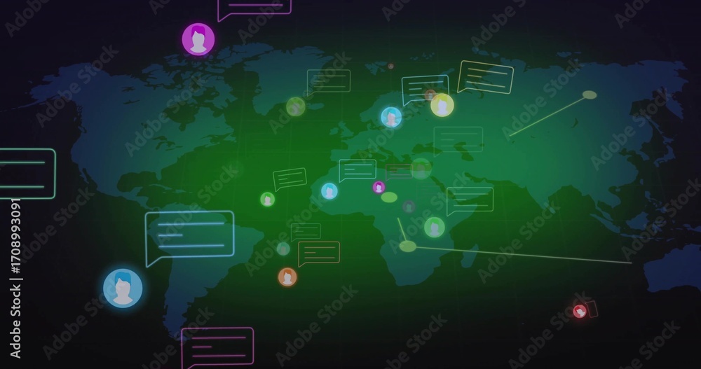 Poster displaying world map on screen, featuring speech bubbles, avatar icons, glowing connection lines