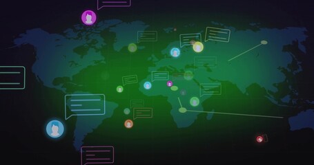 Displaying world map on screen, featuring speech bubbles, avatar icons, glowing connection lines