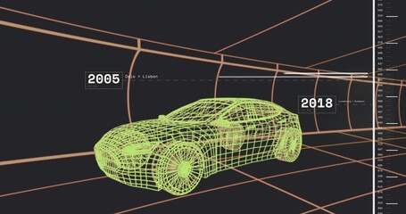 Displaying green wireframe sedan inside grid tunnel, with 2005–2018 timeline labels and connector