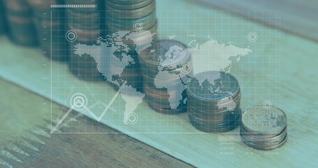 Displaying ascending coin stacks on wooden tabletop, with digital grid map and upward line graph