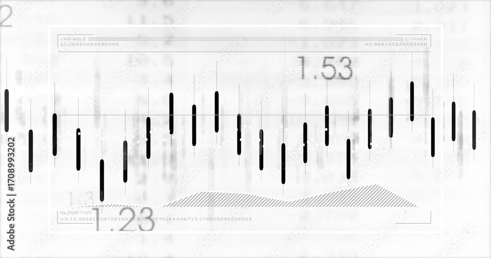 Aufkleber displaying monochrome dashboard on data platform, with candlestick bars and overlaid numeric labels