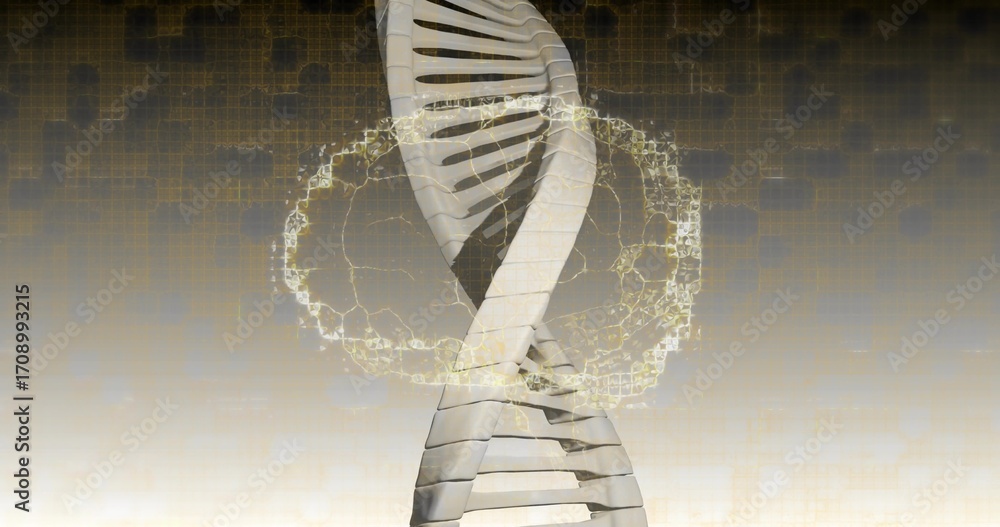Poster displaying dna helix floating among grid lines with hexagonal motifs, golden molecular ring