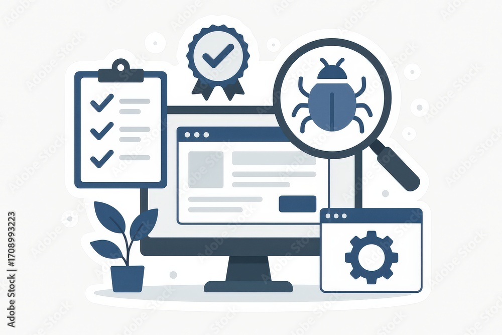 Poster comprehensive visual representation of cybersecurity dynamics featuring a computer displaying bug de