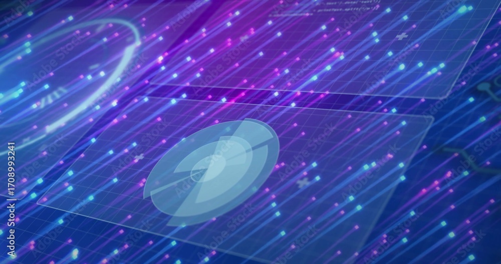 Aufkleber displaying circular radar widget floating within neon grid, with particles streaming as neon trails