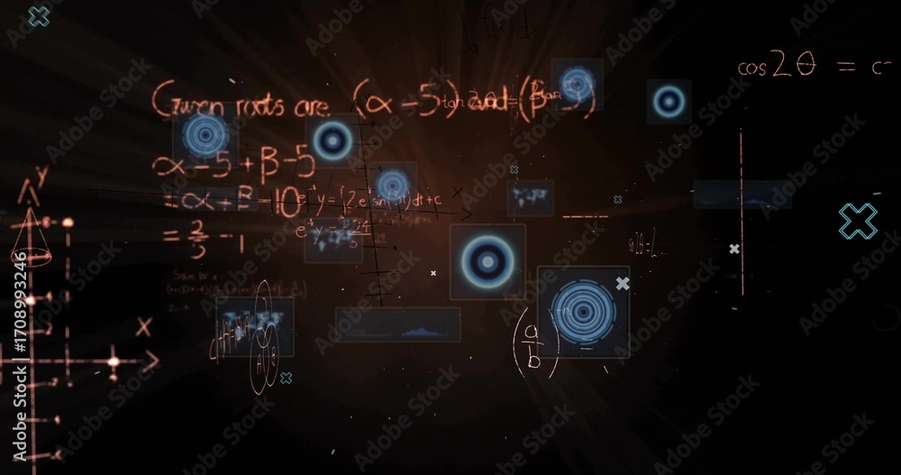 Aufkleber rendering math panel in virtual space, showing glowing equations, grids, waveform plots and targets