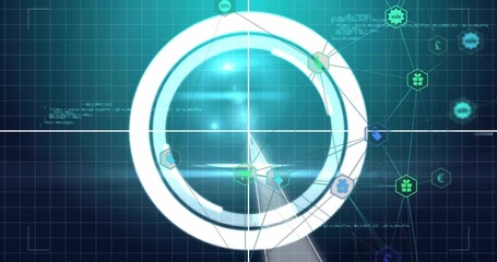Zooming magnifying glass showing hexagon icons with connecting lines on grid in dashboard interface