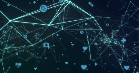 Forming glowing turquoise network map in virtual digital space, with medical and social icons