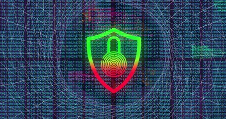Displaying shield icon with padlock above fingerprint rings in network, code grid and circuit lines