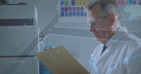 Inspecting scientist wearing lab coat checking clipboard with analyzer overlays in lab, copy space